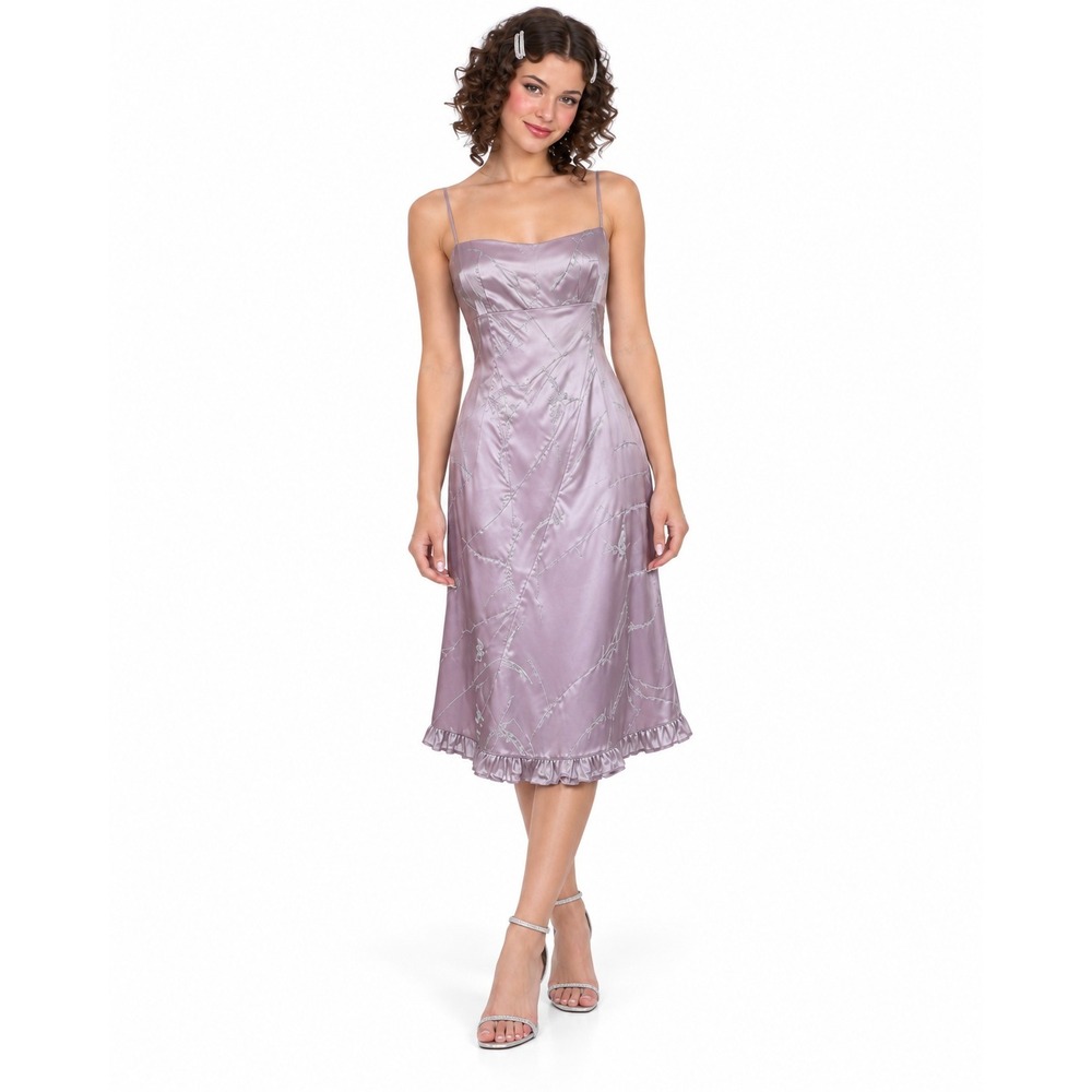 Fairy Core Y2K Nanette Lepore Lavender Embroidered Satin Slip Dress Ruffle Hem